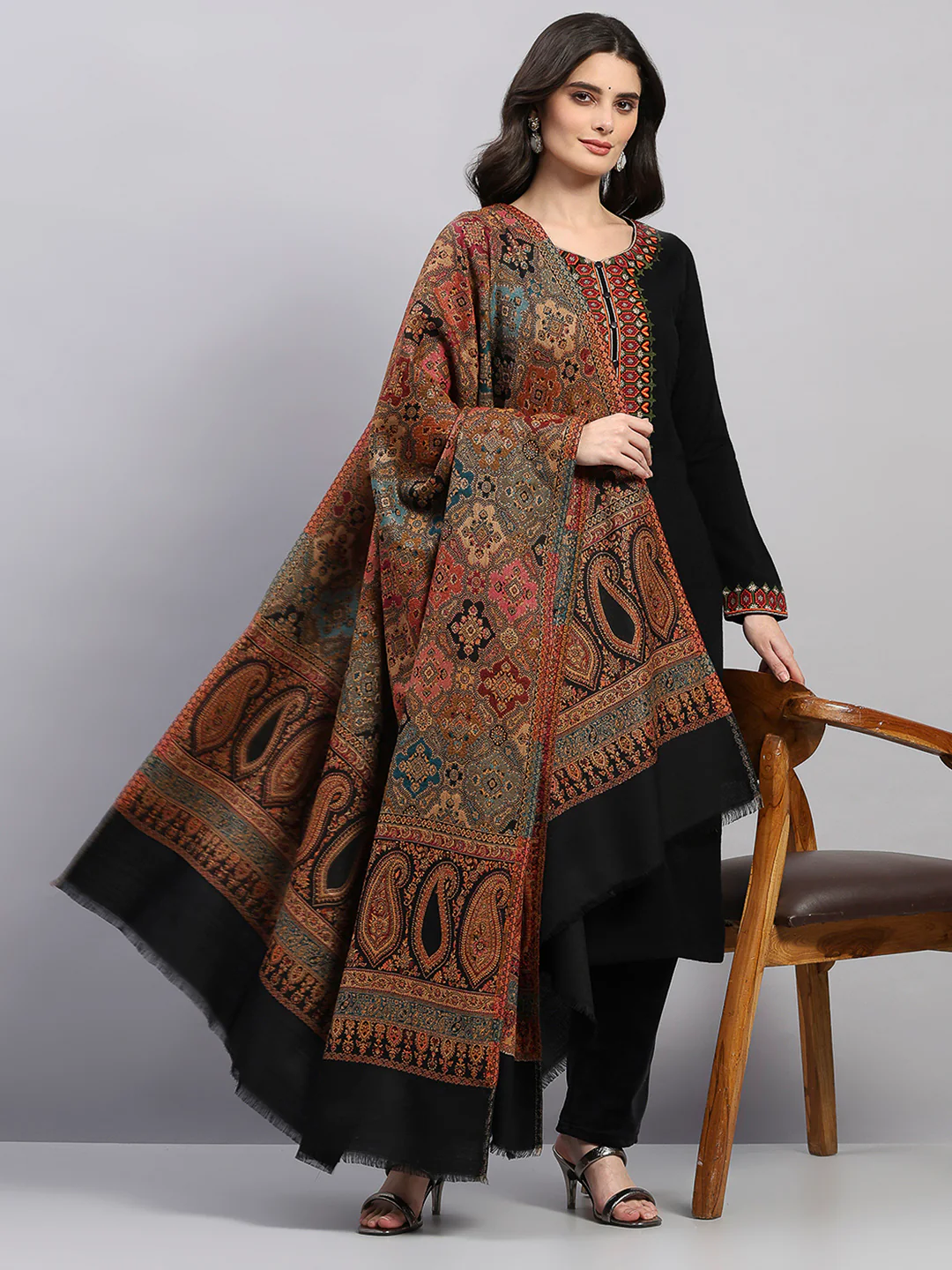Women Multicolor Printed Wool Blend Shawl - Image 2