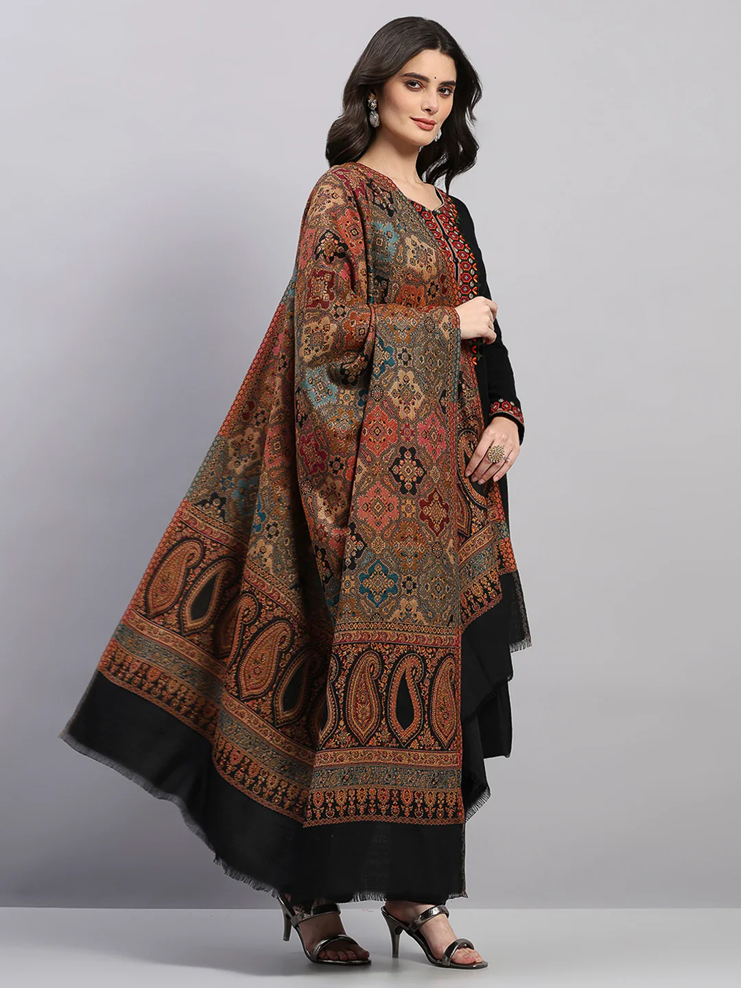 Women Multicolor Printed Wool Blend Shawl - Image 4