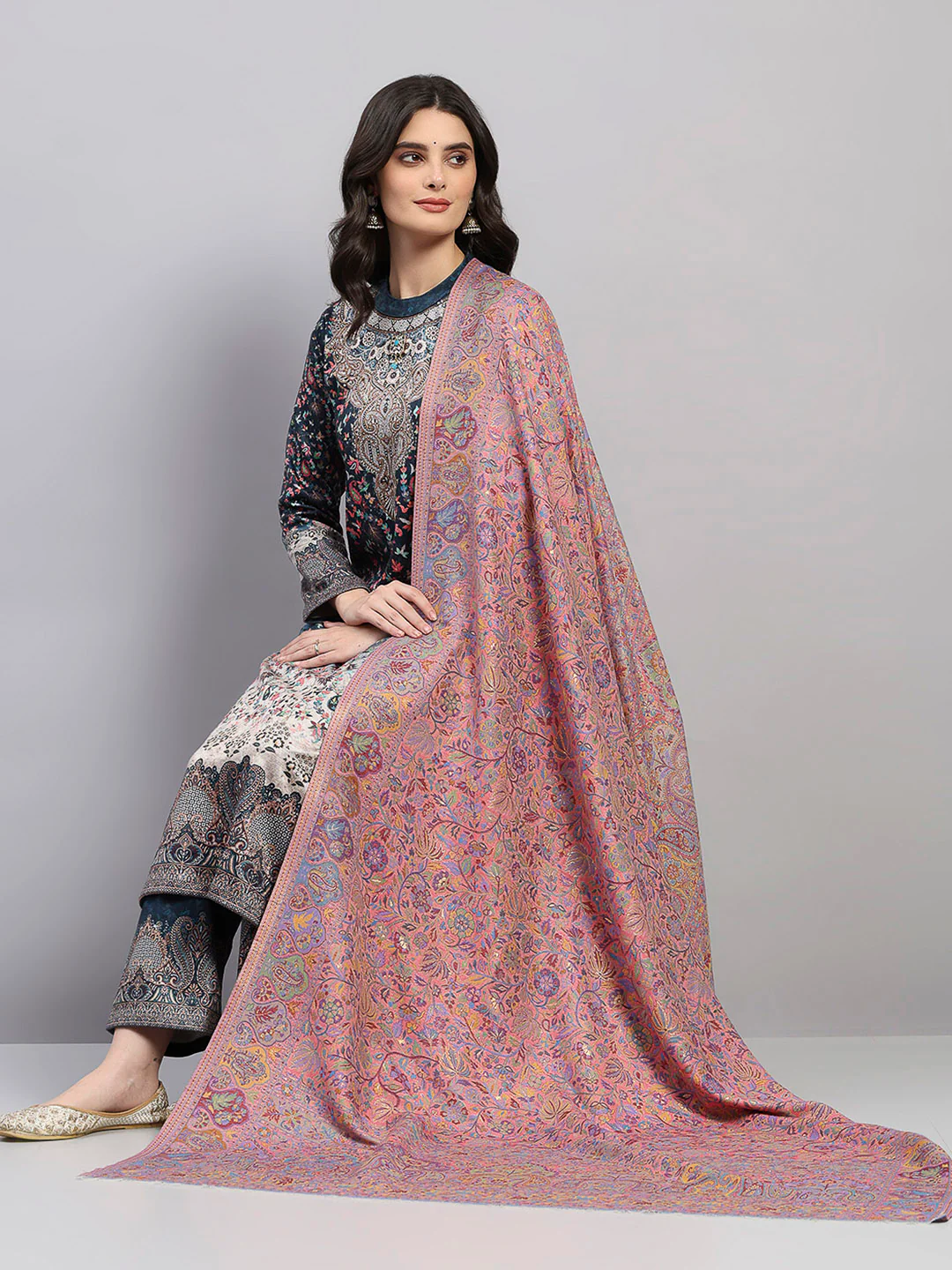 Women Multicolor Printed Wool Blend Shawl - Image 2