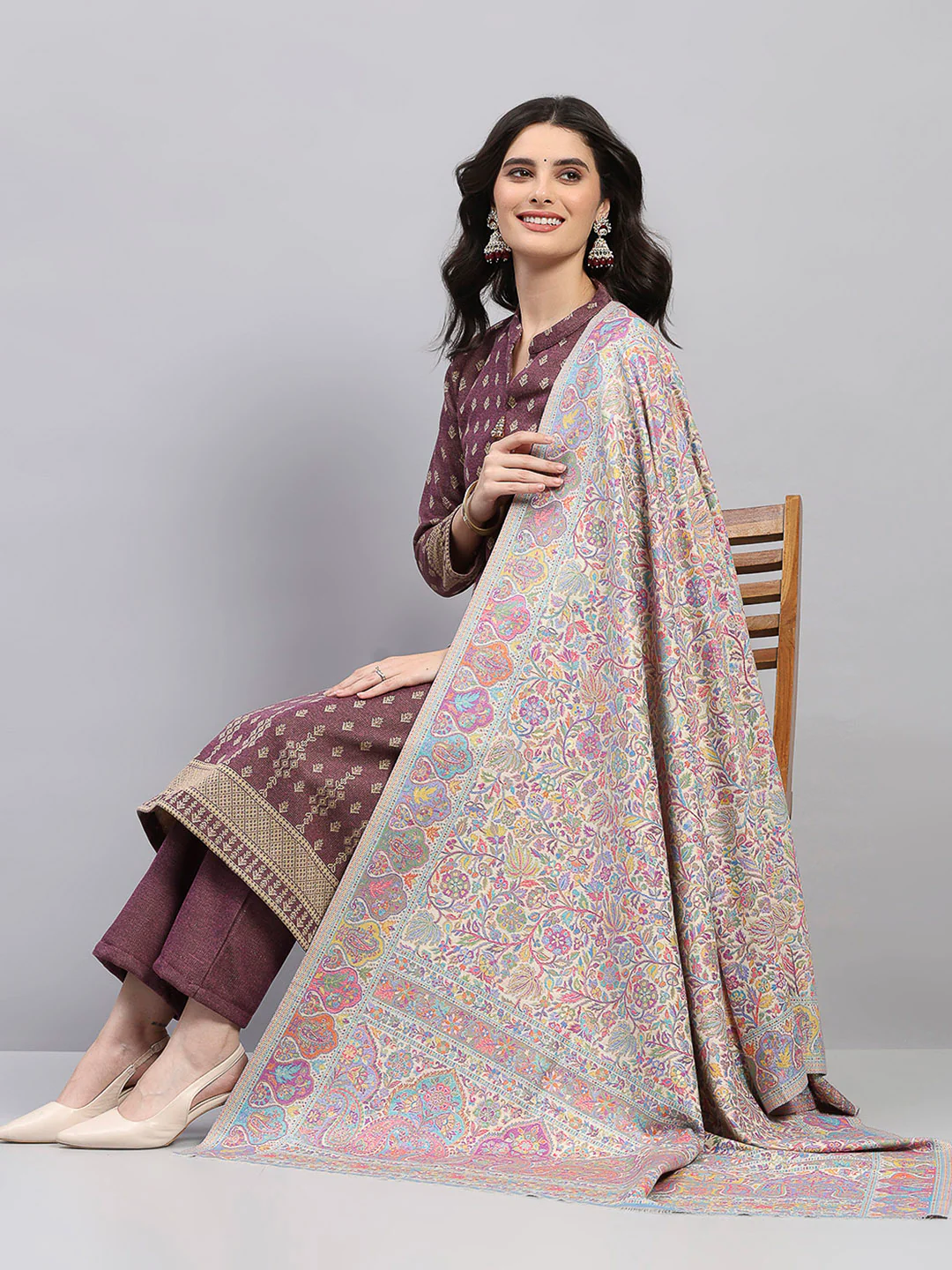 Women Multicolor Printed Wool Blend Shawl - Image 2