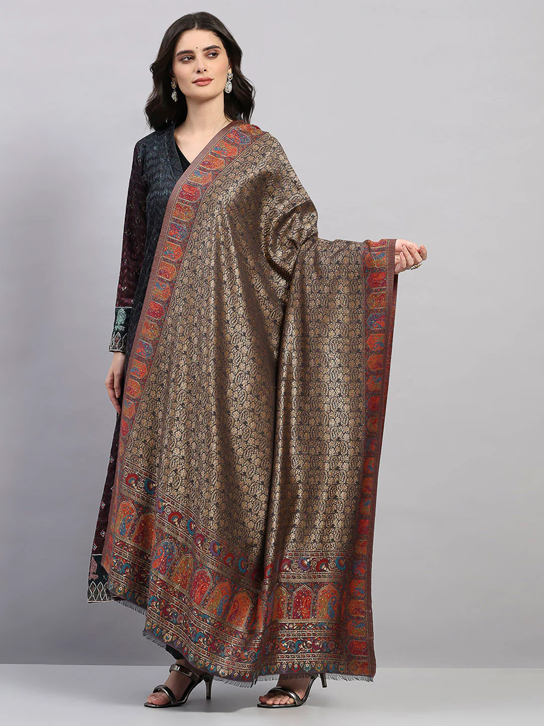 Women Multicolor Printed Wool Blend Shawl - Image 3
