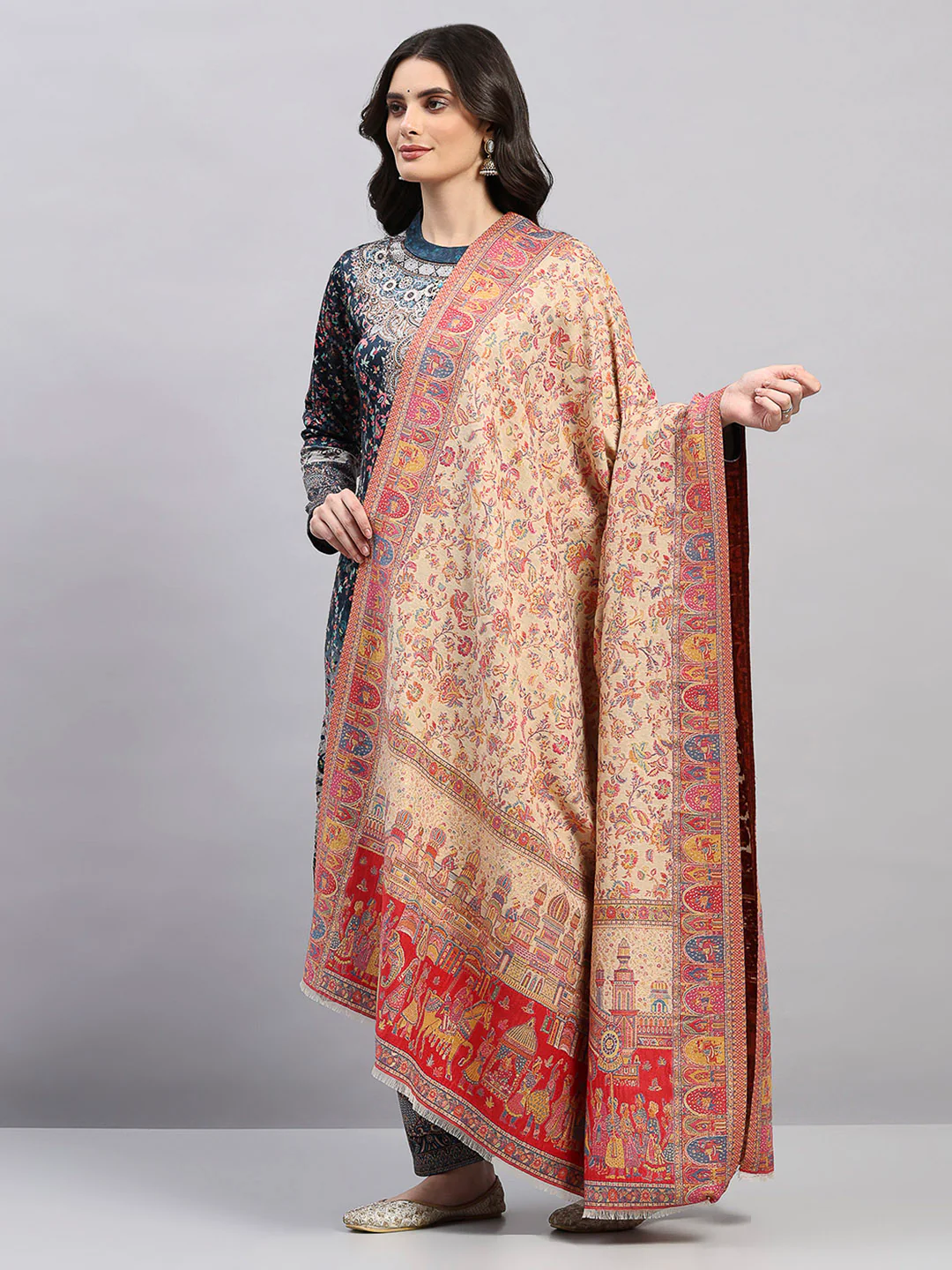 Women Multicolor Printed Wool Blend Shawl - Image 3