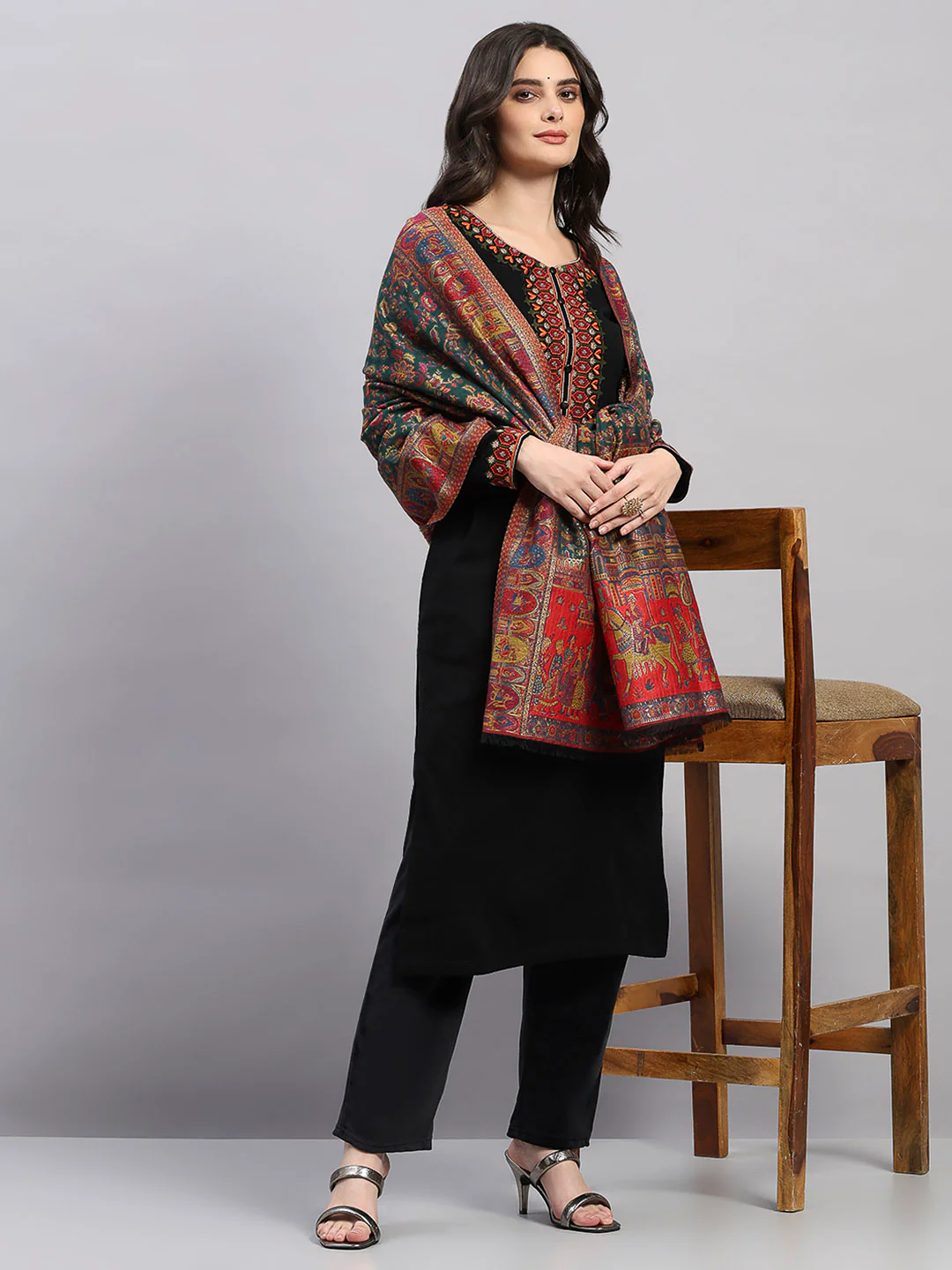 Women Multicolor Printed Wool Blend Shawl - Image 2