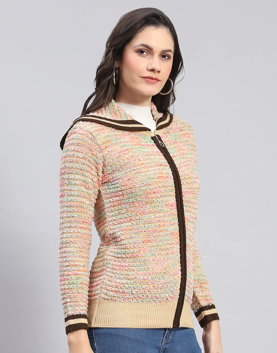 Women Multicolor Self Design Collar Full Sleeve Cardigan - Image 4