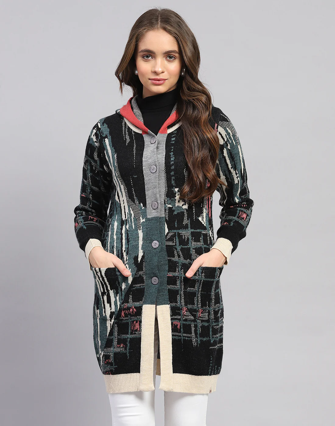 Women Multicolor Self Design Hooded Full Sleeve Cardigan - Image 2