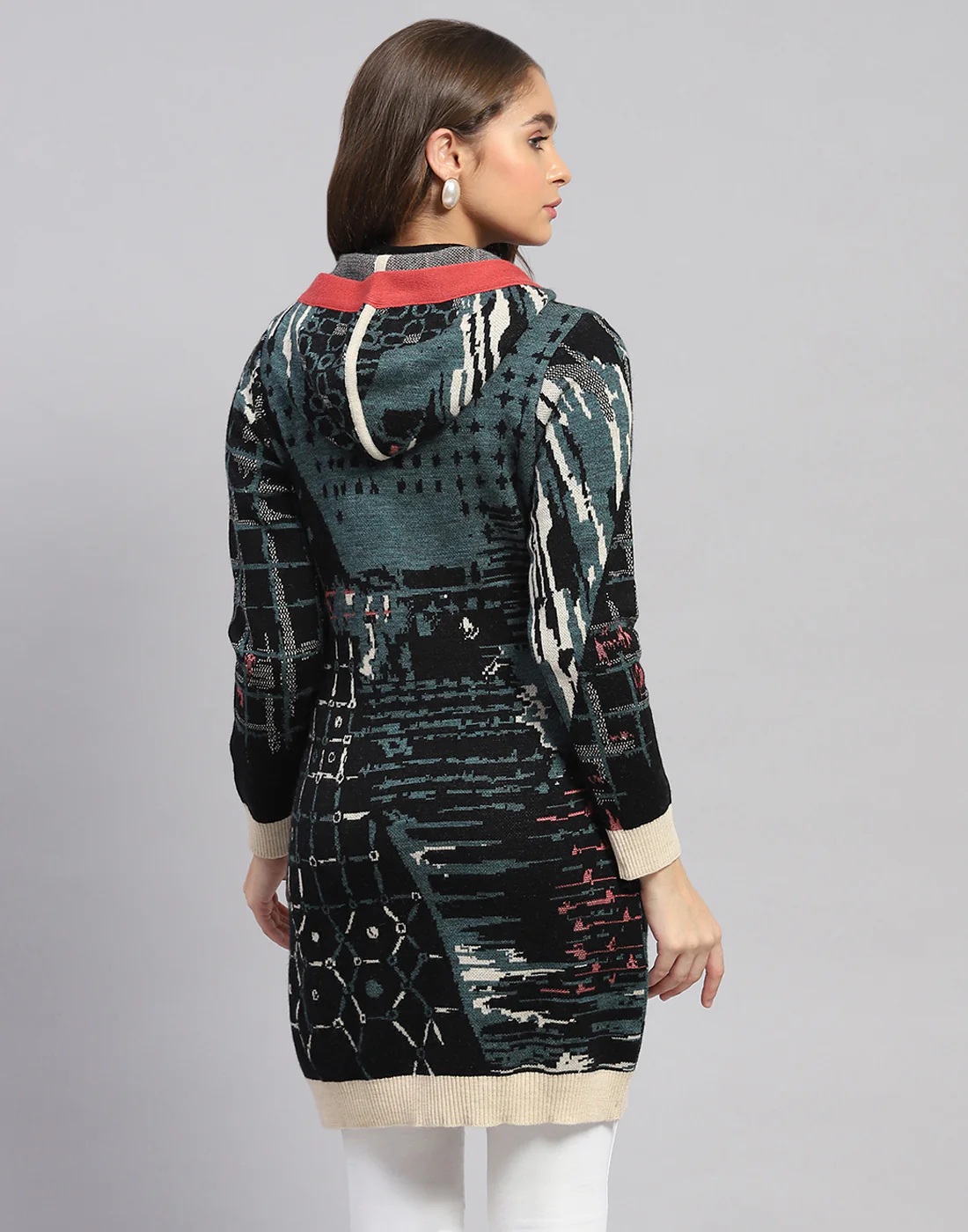 Women Multicolor Self Design Hooded Full Sleeve Cardigan - Image 5