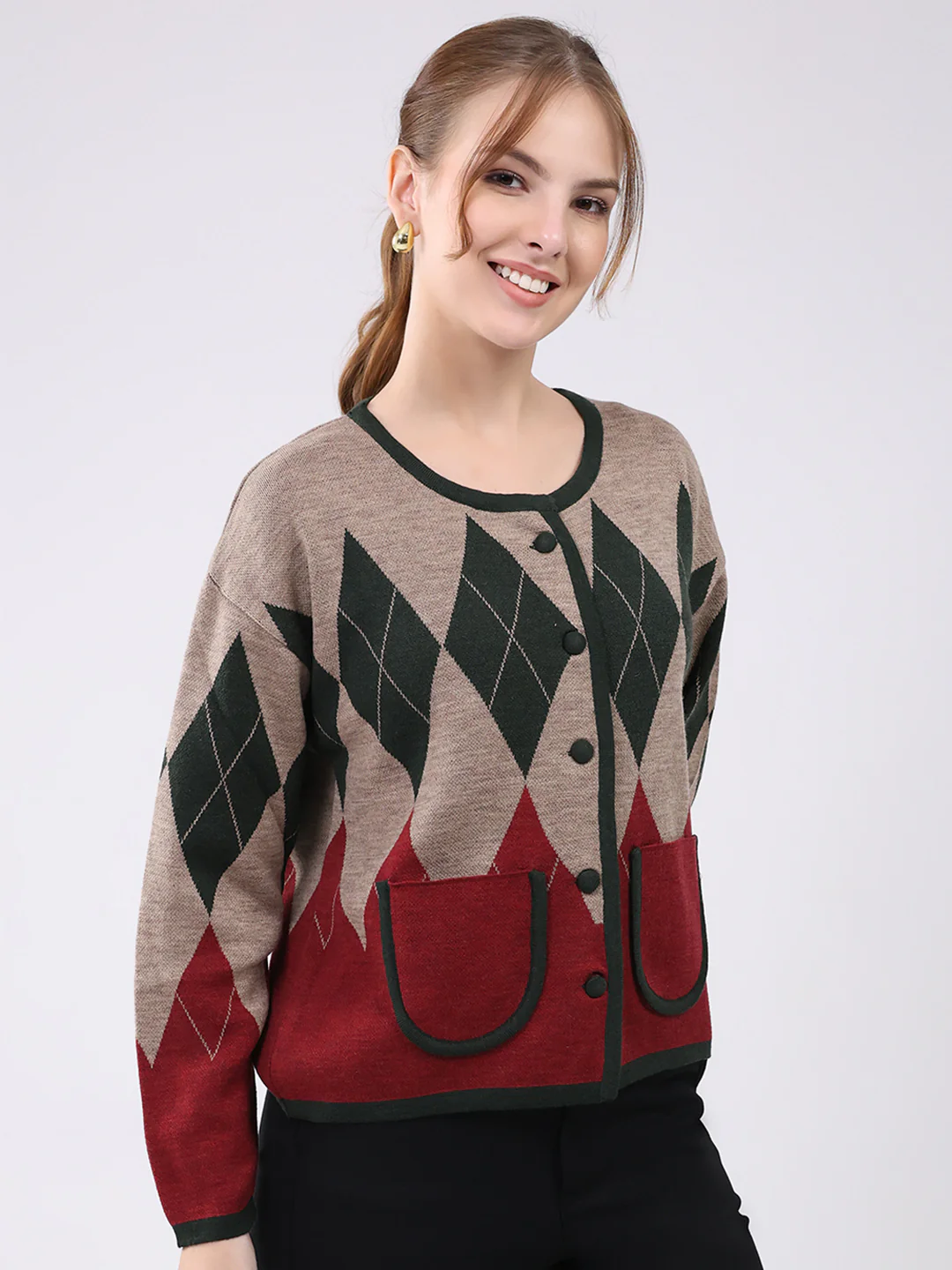 Women Multicolor Self Design Round Neck Full Sleeve Cardigan - Image 4