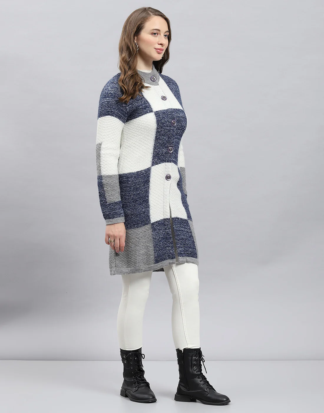 Women Multicolor Self Design Round Neck Full Sleeve Knitted coat - Image 4