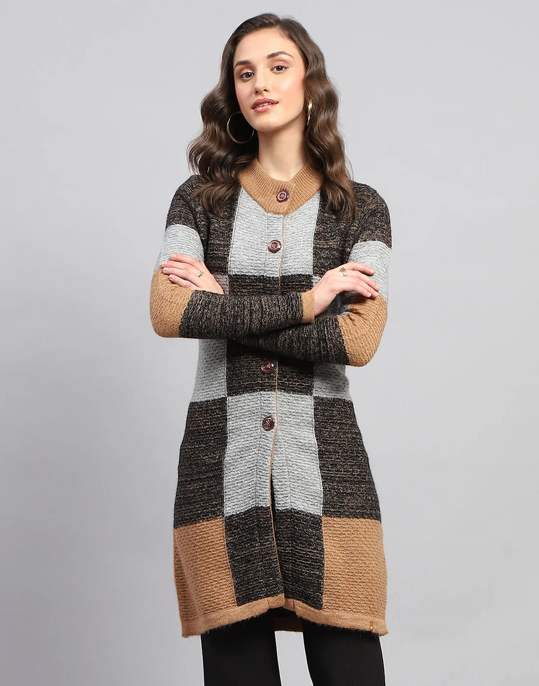 Women Multicolor Self Design Round Neck Full Sleeve Knitted coat - Image 2