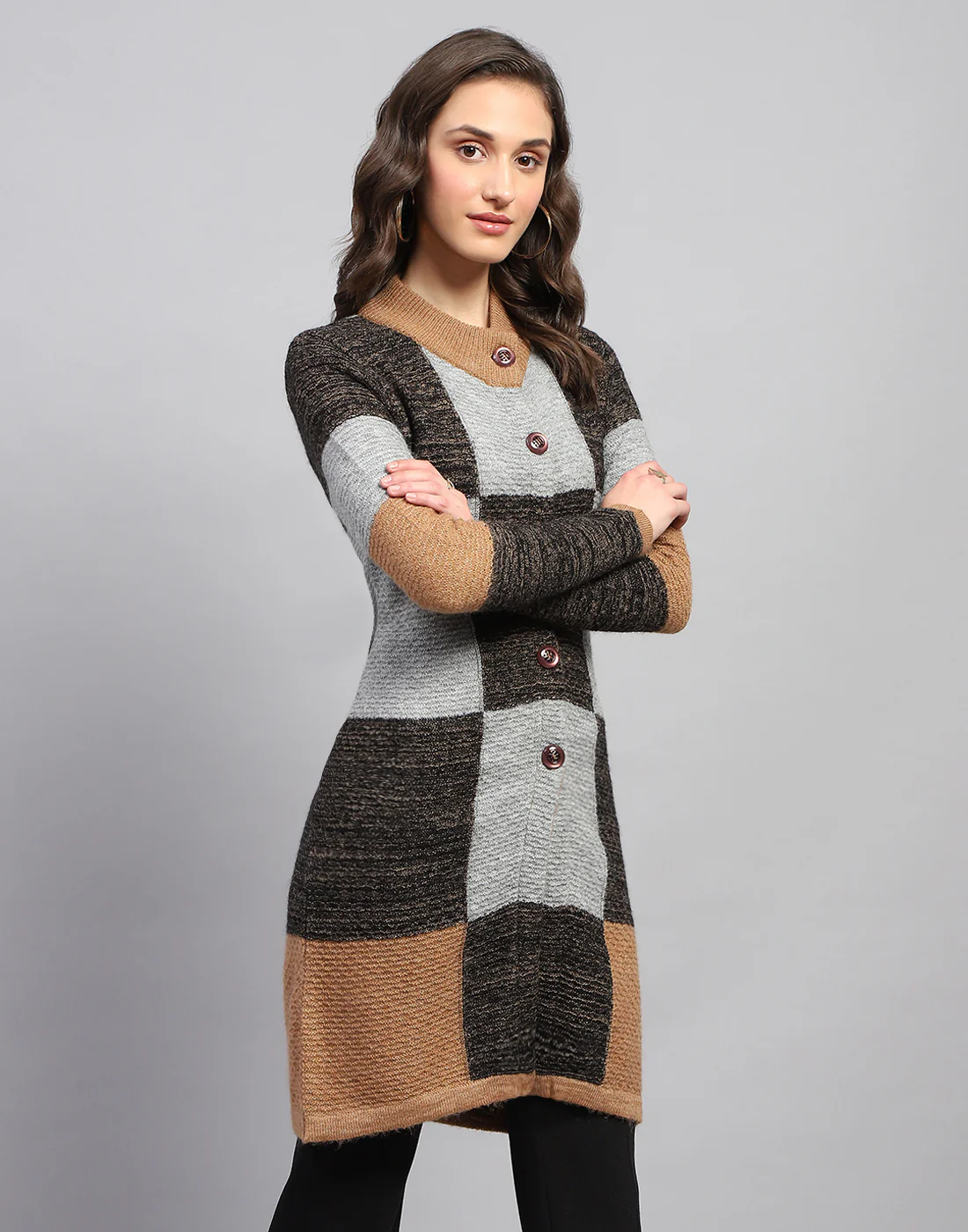 Women Multicolor Self Design Round Neck Full Sleeve Knitted coat - Image 4