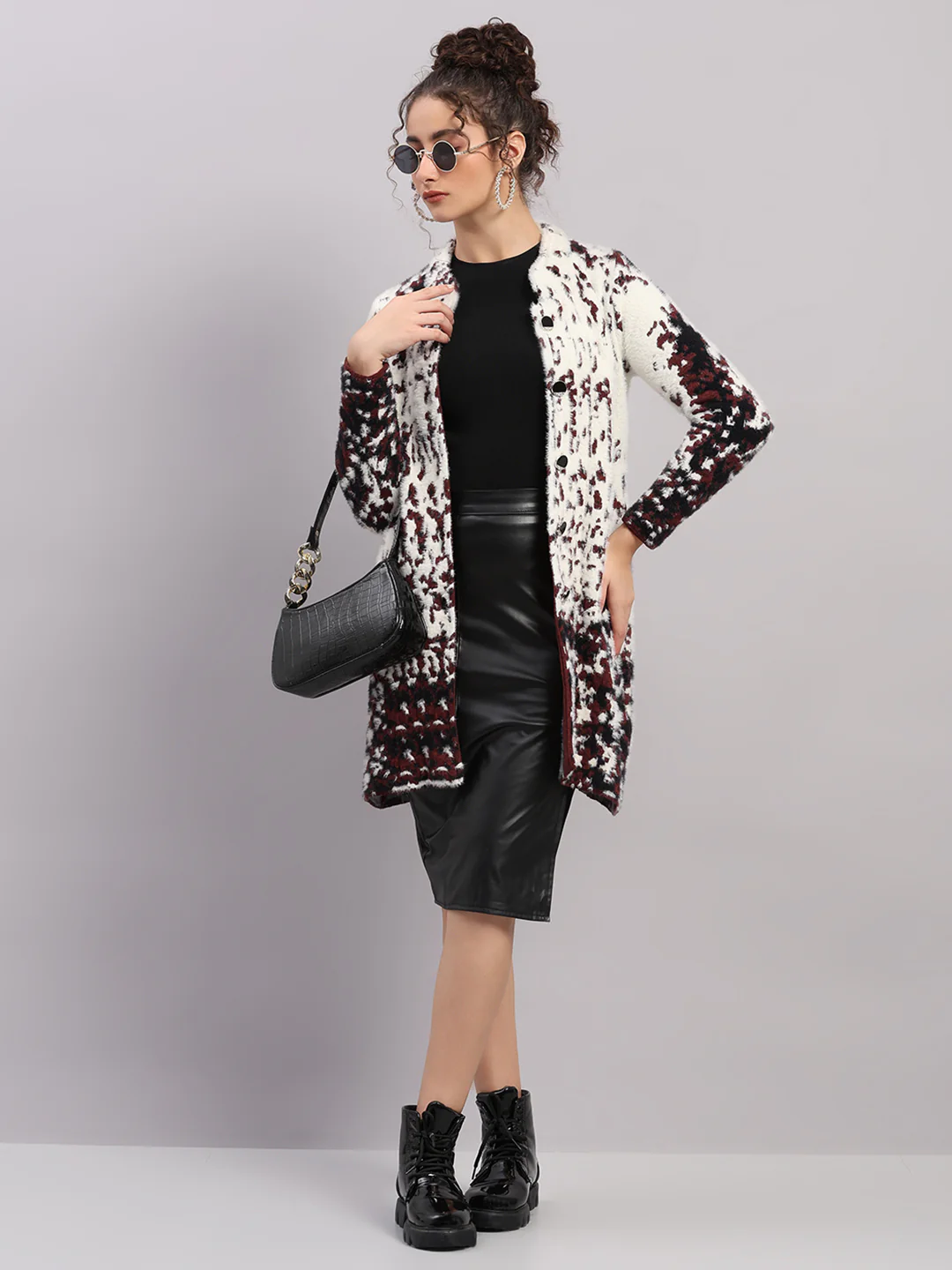 Women Multicolor Self Design Round Neck Full Sleeve Knitted Coat - Image 2