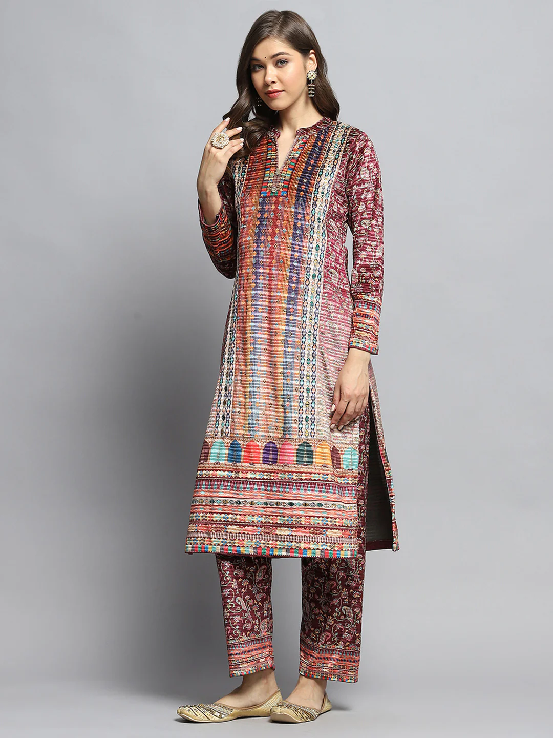 Women Multicolor Self Design Round Neck Full Sleeve Kurti Set with Bag - Image 4