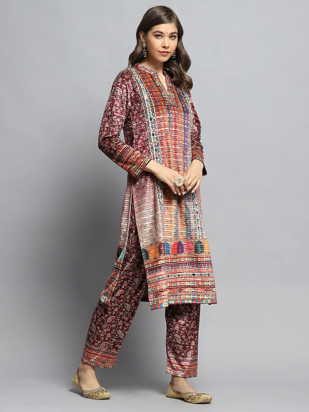 Women Multicolor Self Design Round Neck Full Sleeve Kurti Set with Bag - Image 6