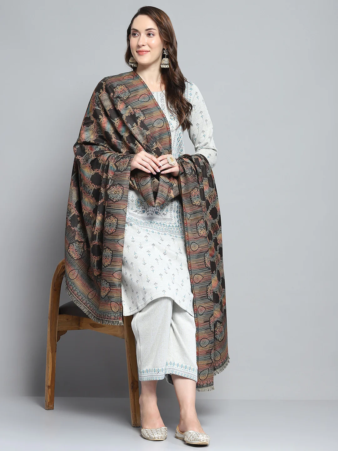 Women Multicolor Self Design Shawl - Image 2