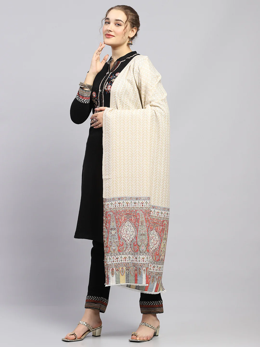 Women Multicolor Self Design Shawl - Image 3