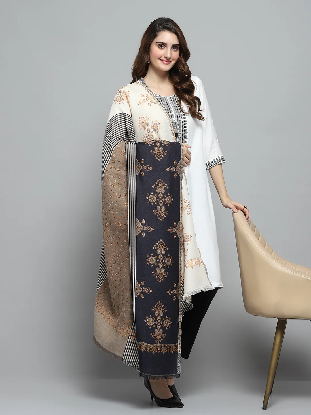 Women Multicolor Self Design Shawl - Image 2