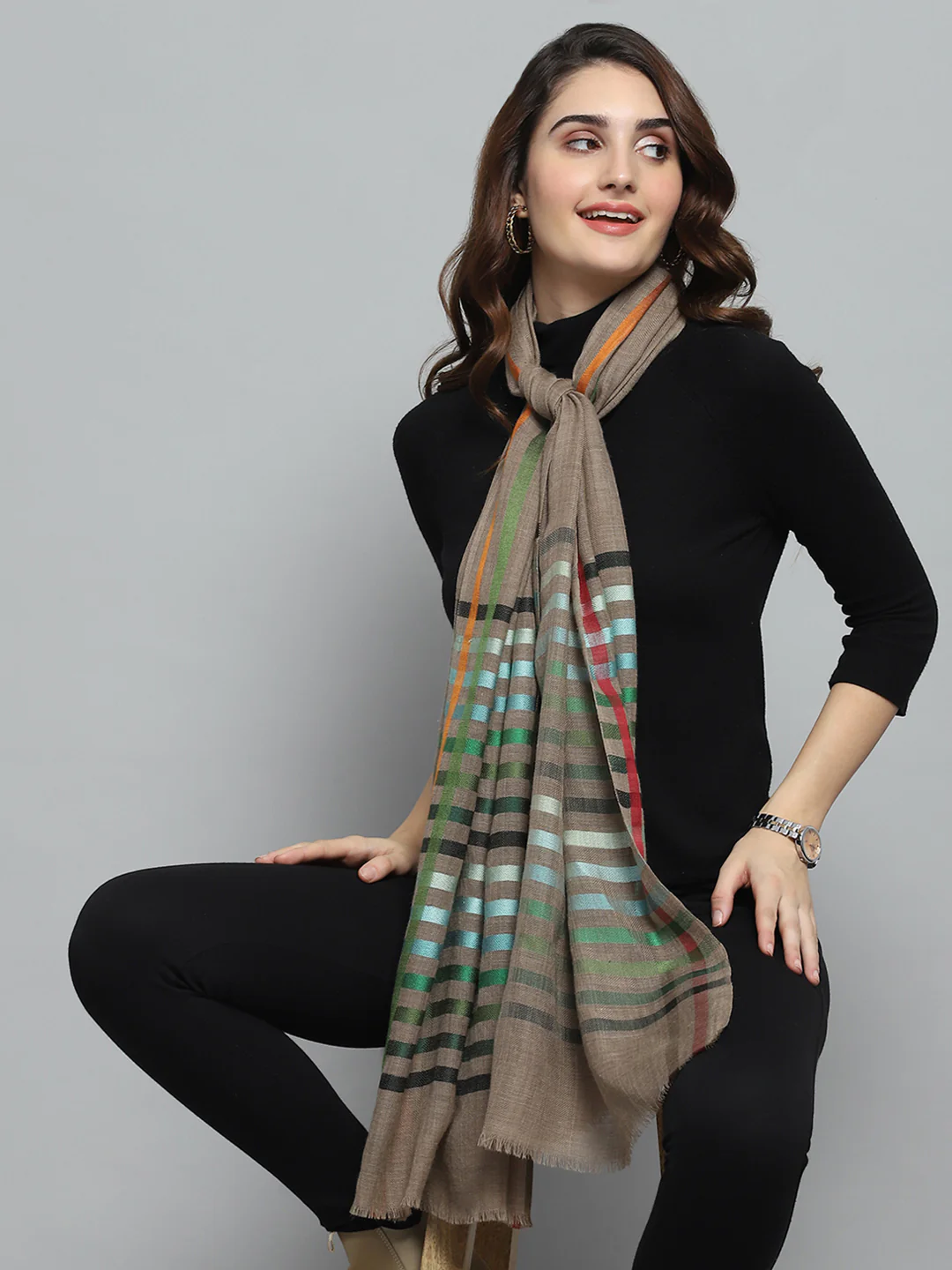 Women Multicolor Self Design Stole - Image 2
