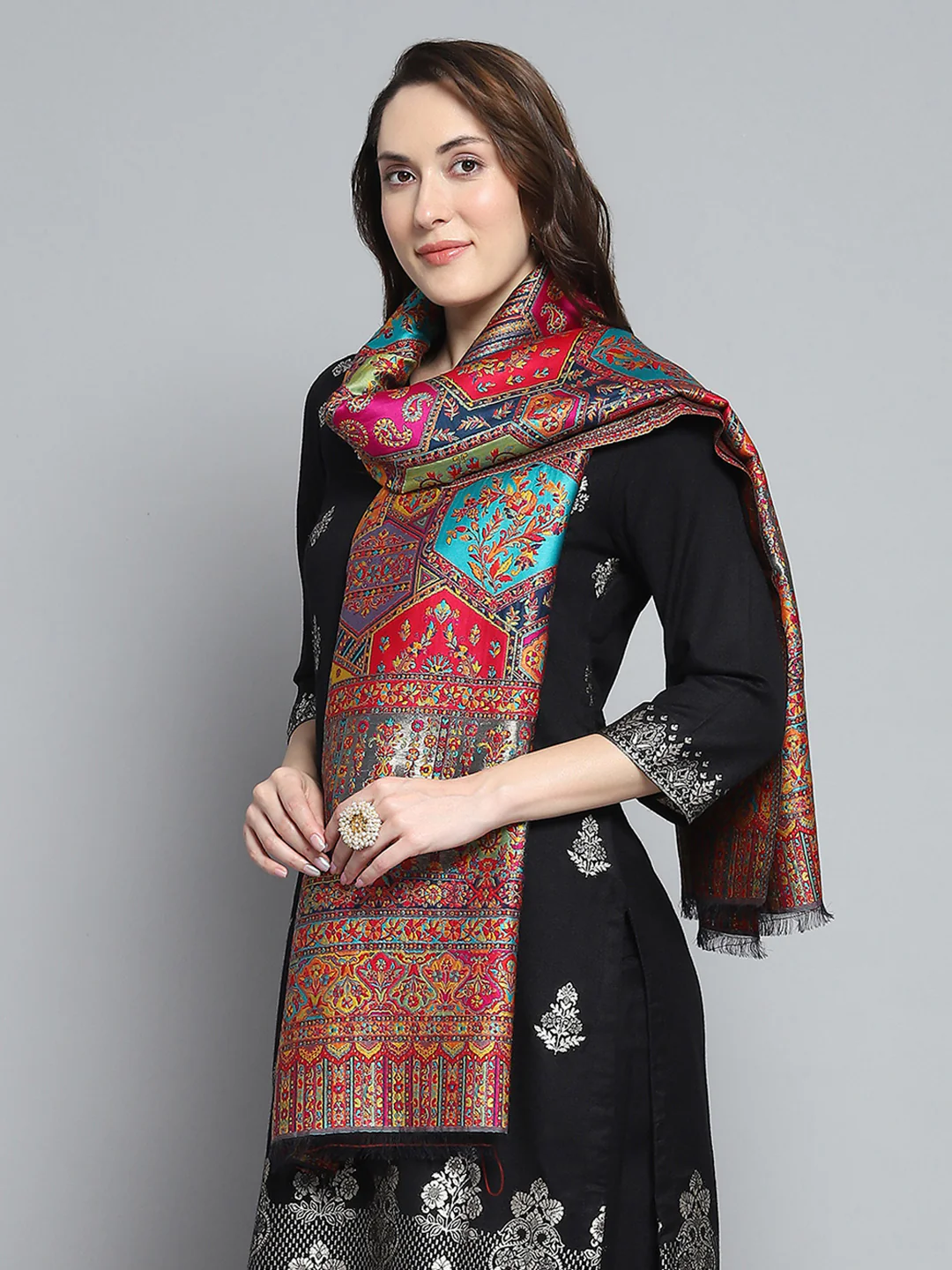 Women Multicolor Self Design Stole - Image 3