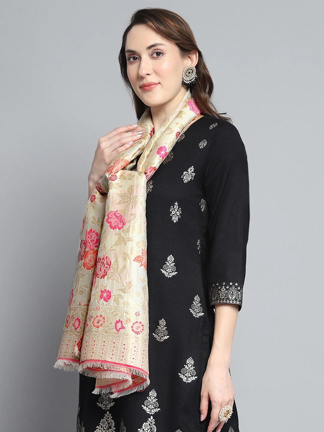 Women Multicolor Self Design Stole - Image 3