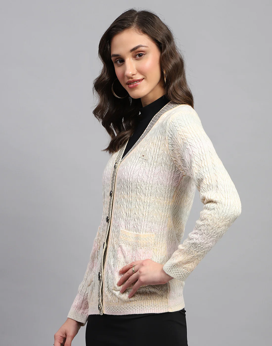Women Multicolor Self Design V Neck Full Sleeve Cardigan - Image 4