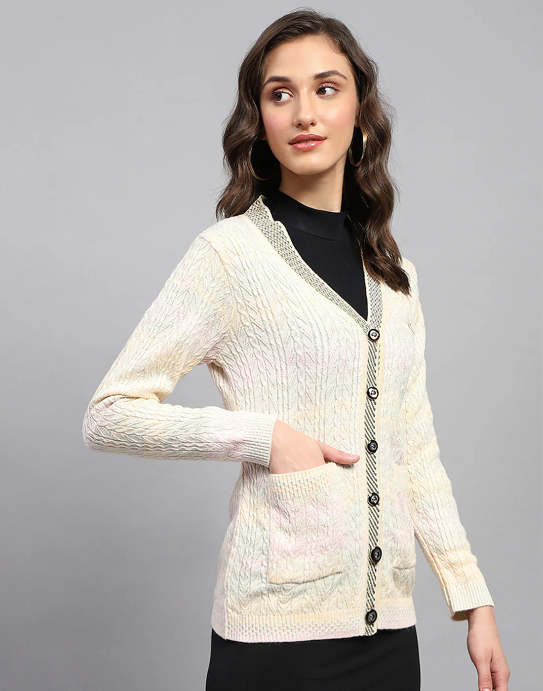 Women Multicolor Self Design V Neck Full Sleeve Cardigan - Image 5
