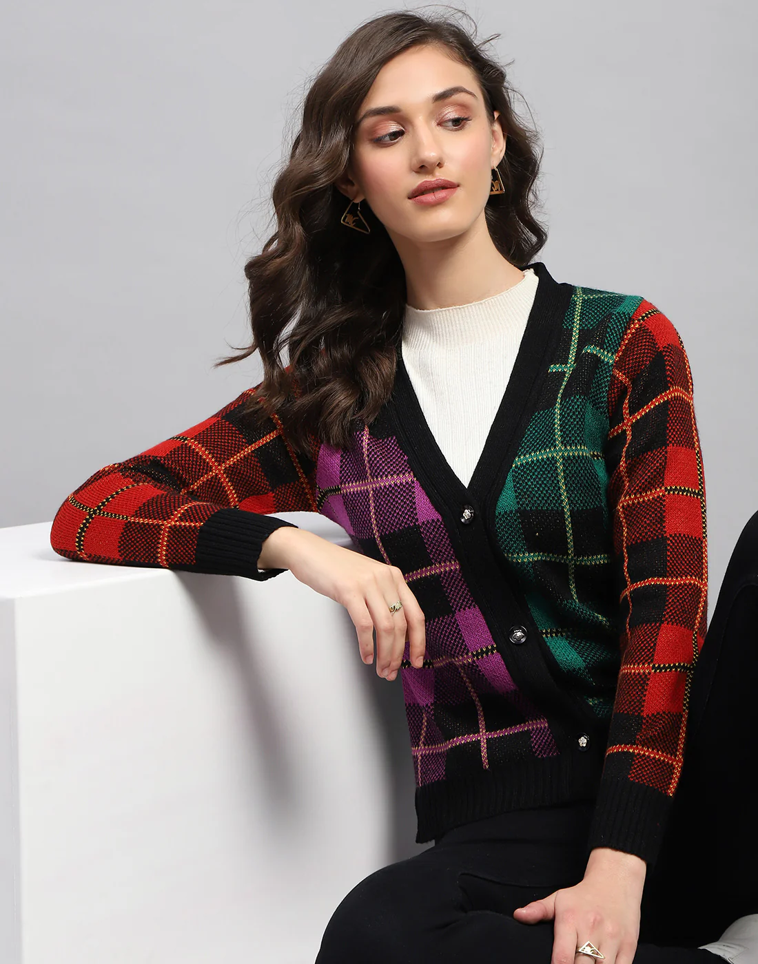 Women Multicolor Self Design V Neck Full Sleeve Cardigan - Image 2
