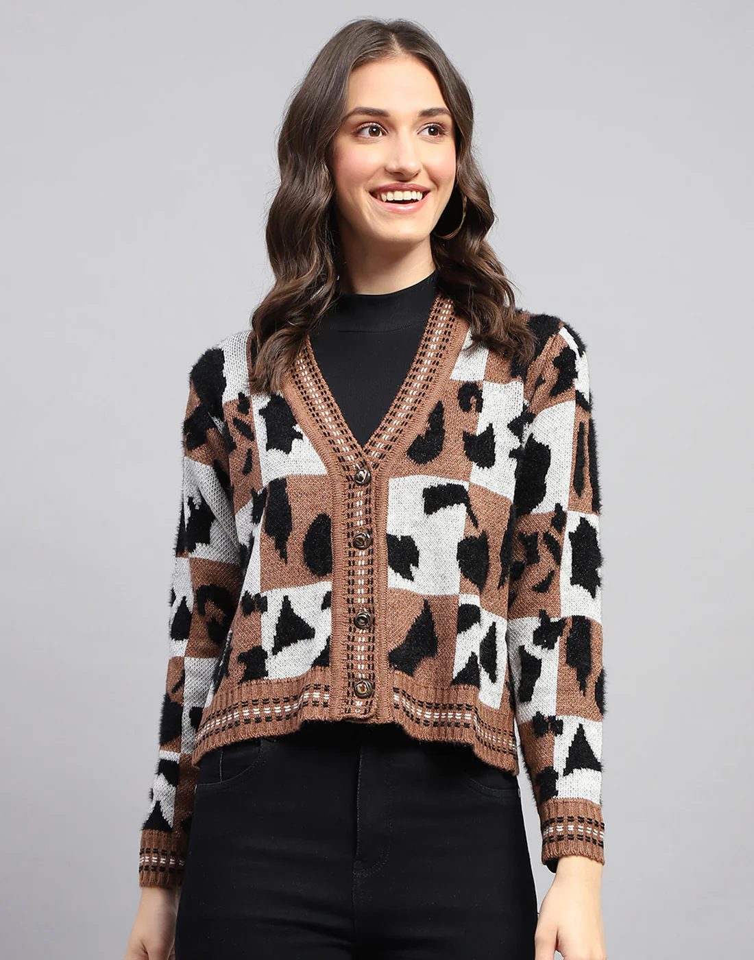Women Multicolor Self Design V Neck Full Sleeve Cardigan - Image 2