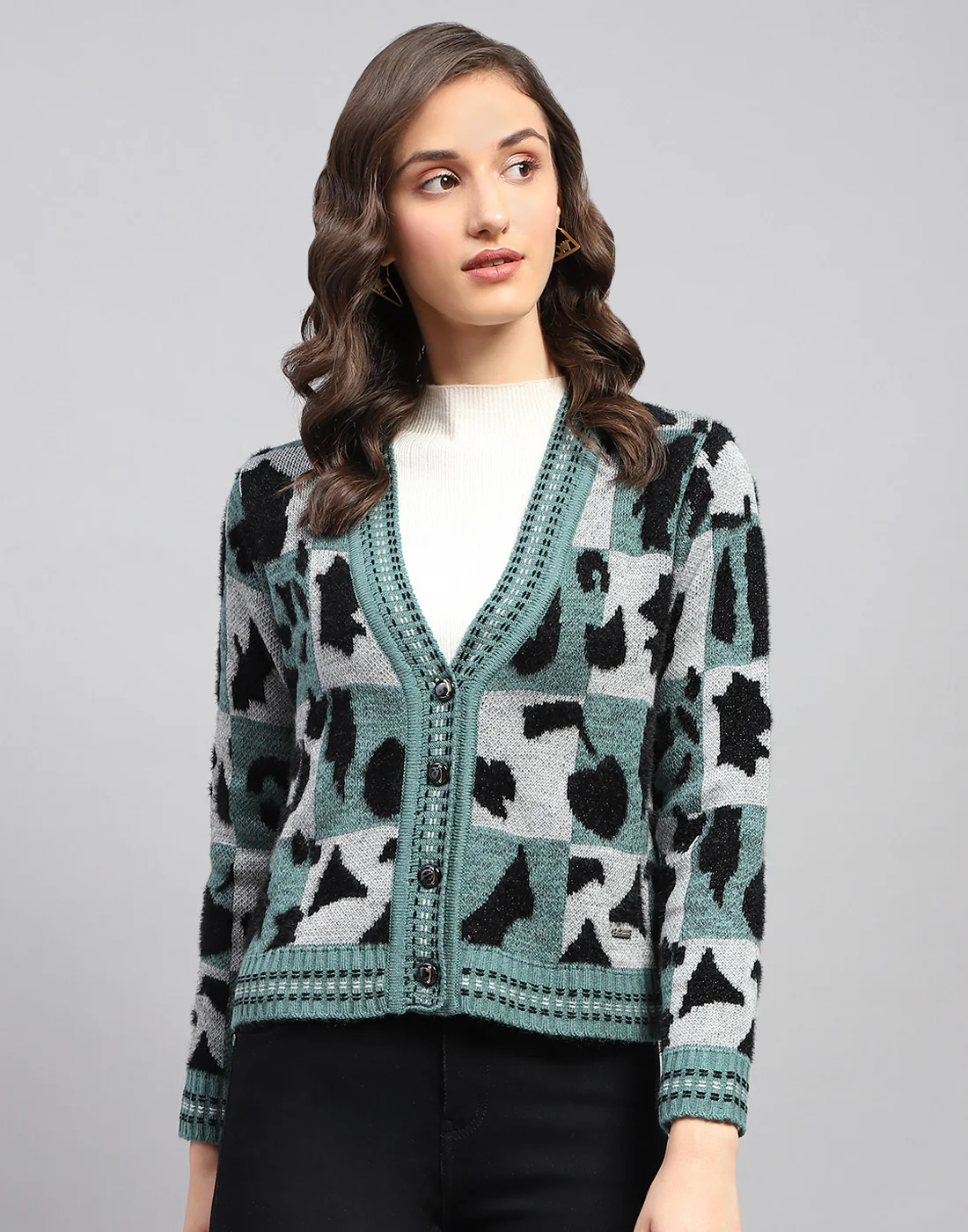 Women Multicolor Self Design V Neck Full Sleeve Cardigan - Image 2