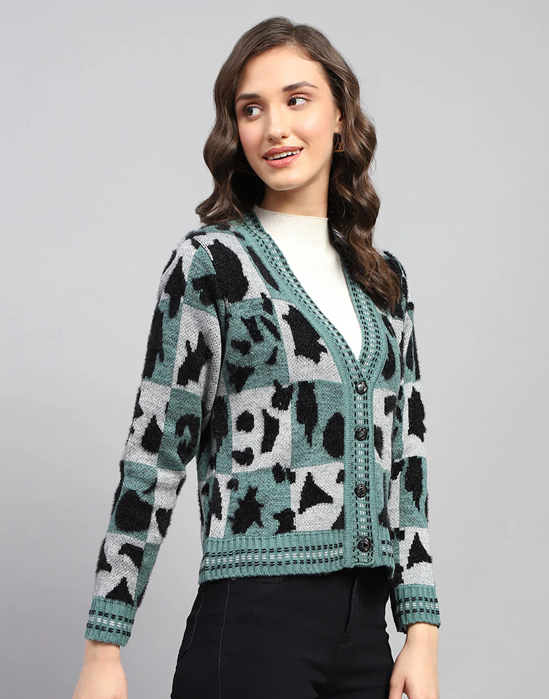 Women Multicolor Self Design V Neck Full Sleeve Cardigan - Image 4