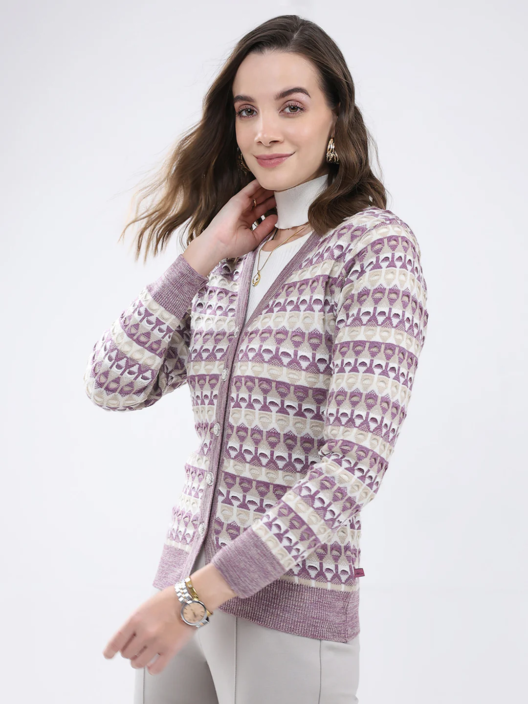 Women Multicolor Self Design V Neck Full Sleeve Cardigan - Image 3