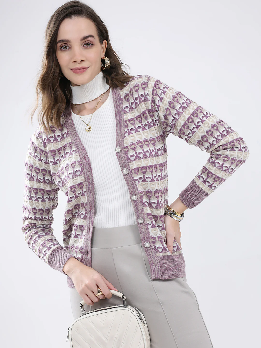 Women Multicolor Self Design V Neck Full Sleeve Cardigan - Image 6