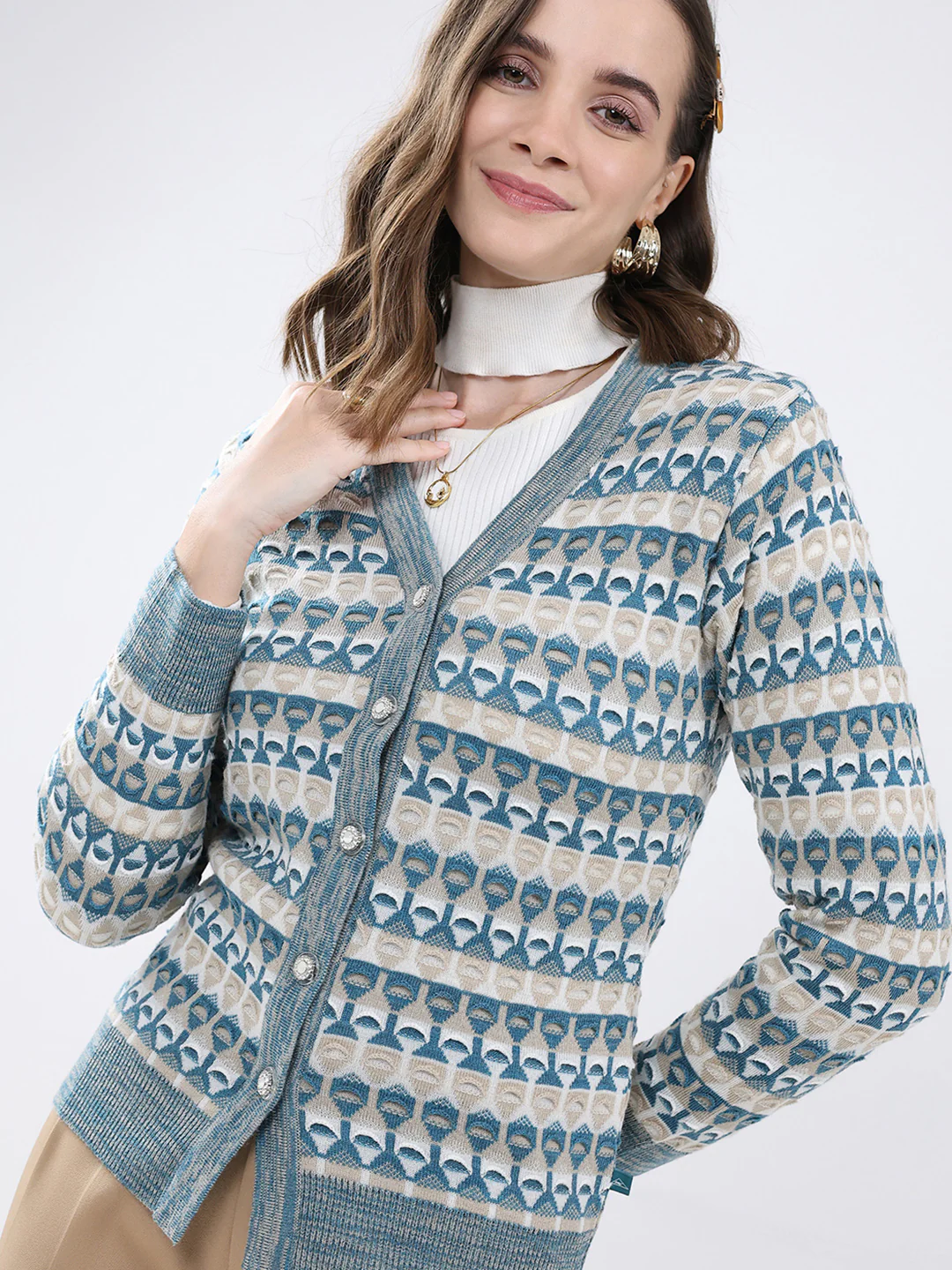 Women Multicolor Self Design V Neck Full Sleeve Cardigan - Image 6