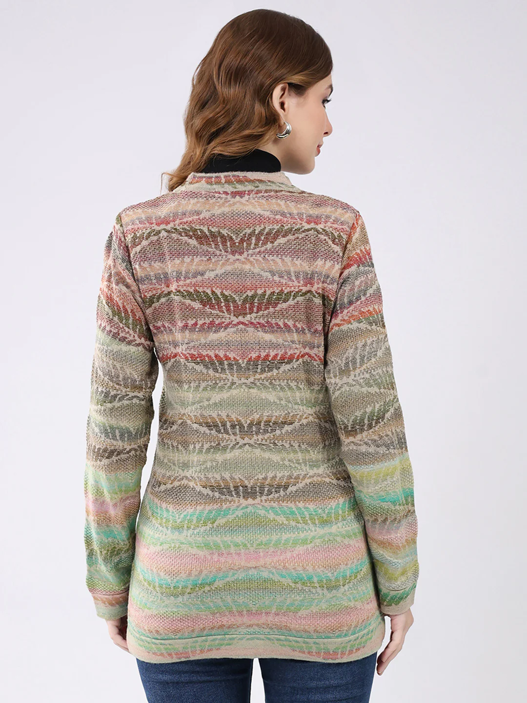 Women Multicolor Self Design V Neck Full Sleeve Cardigan - Image 5