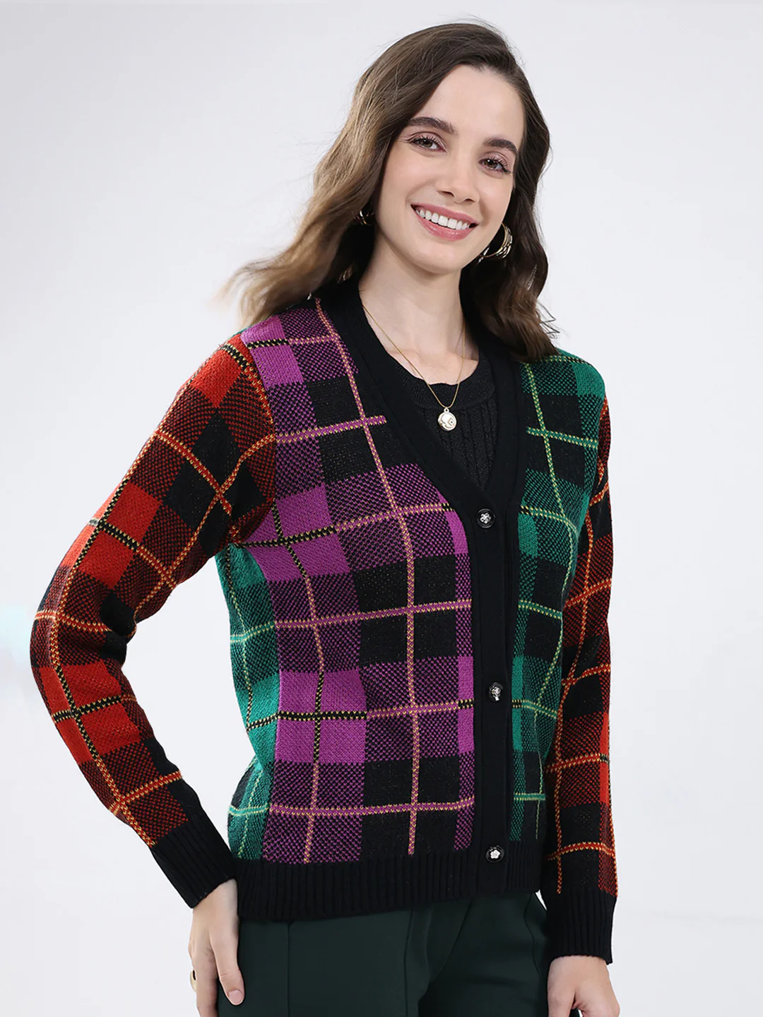 Women Multicolor Self Design V Neck Full Sleeve Cardigan - Image 4