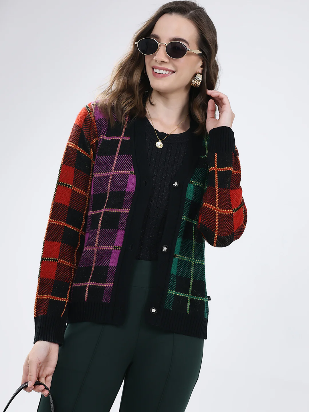 Women Multicolor Self Design V Neck Full Sleeve Cardigan - Image 6