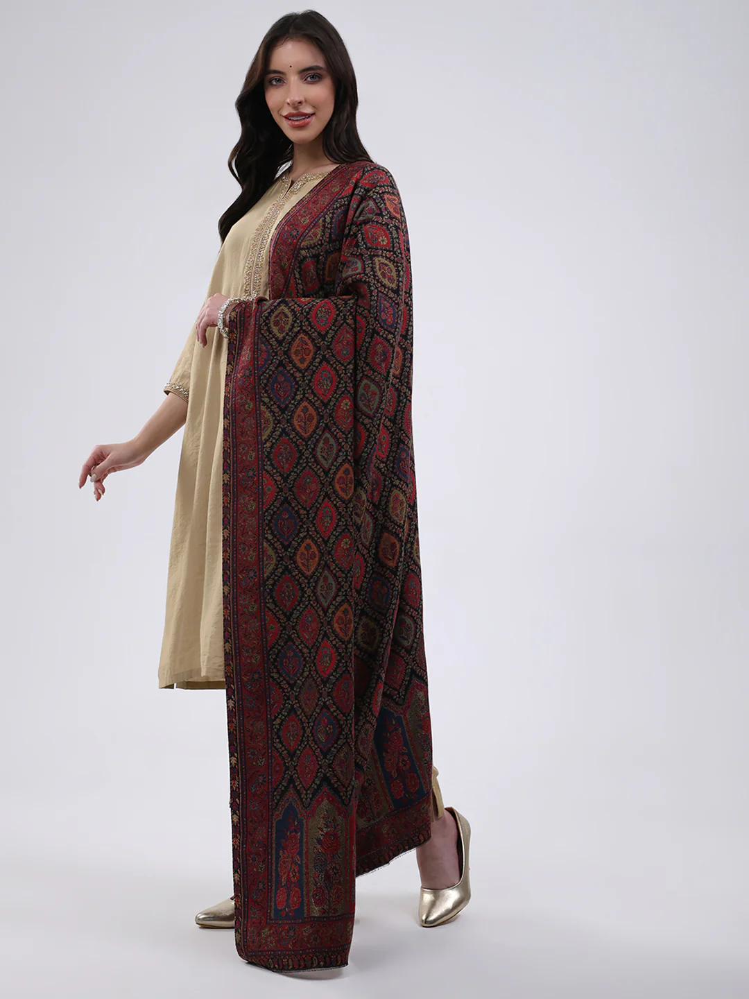 Women Multicolor Self Design Wool Blend Shawl - Image 3