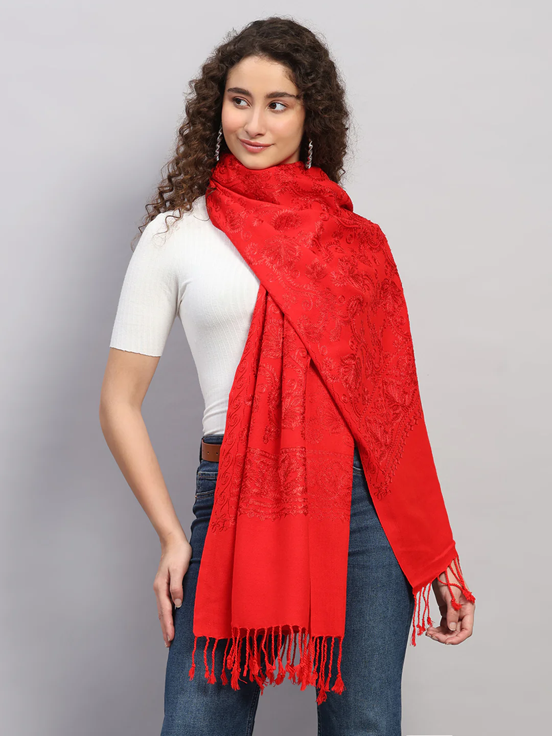 Women Multicolor Self Design Wool Stole - Image 4