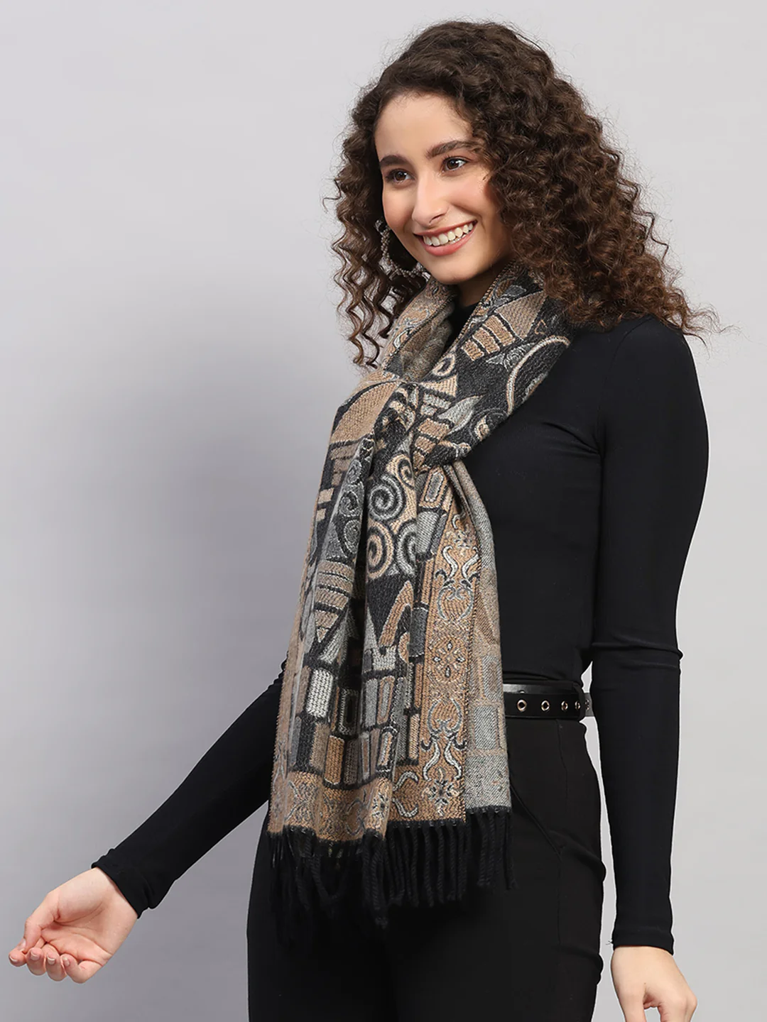 Women Multicolor Self Design Wool Stole - Image 3