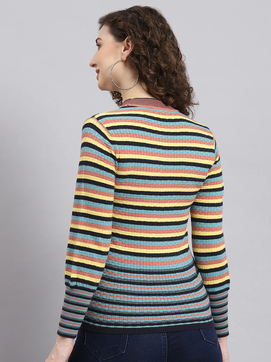 Women Multicolor Stripe Round Neck Full Sleeve Sweatshirt - Image 4
