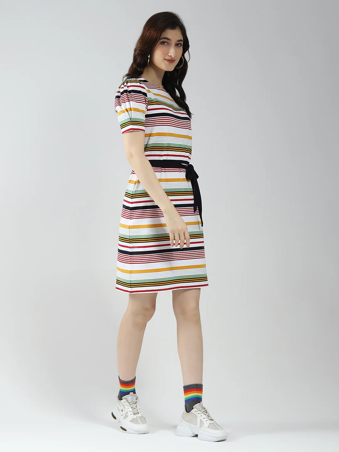 Women Multicolor Stripe Round Neck Half Sleeve Dress - Image 5