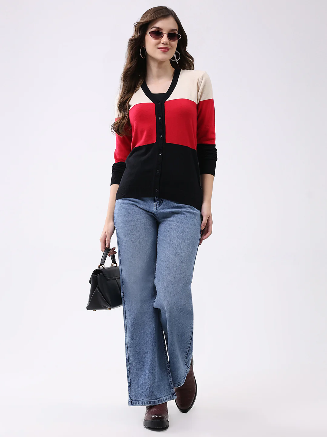 Women Multicolor Stripe V Neck Full Sleeve Cardigan - Image 2