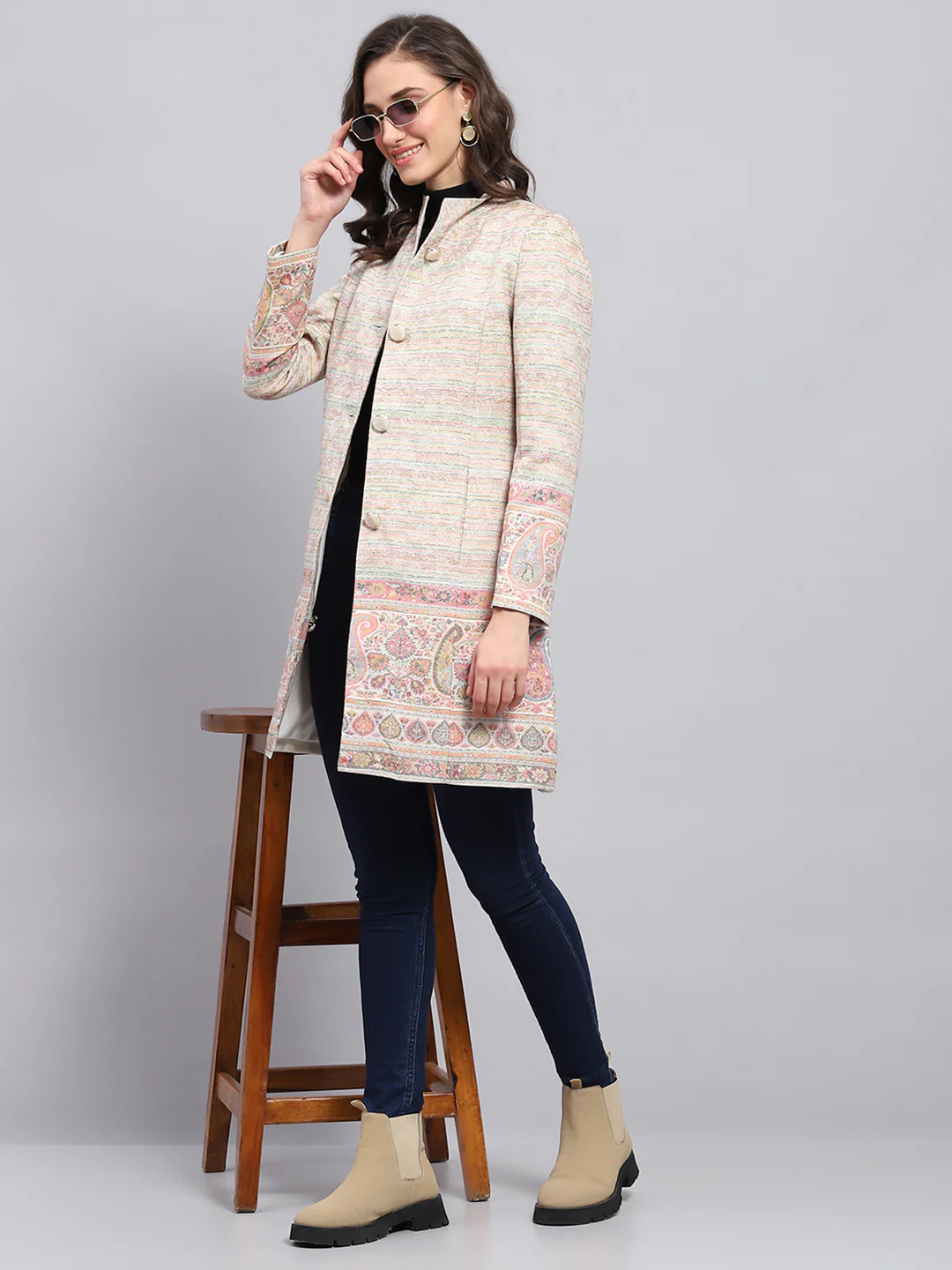 Women Multicolor Woven Design Round Neck Full Sleeve Coat - Image 2