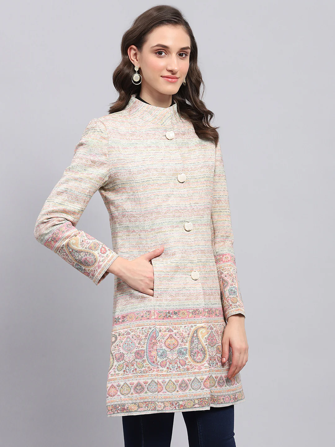Women Multicolor Woven Design Round Neck Full Sleeve Coat - Image 4