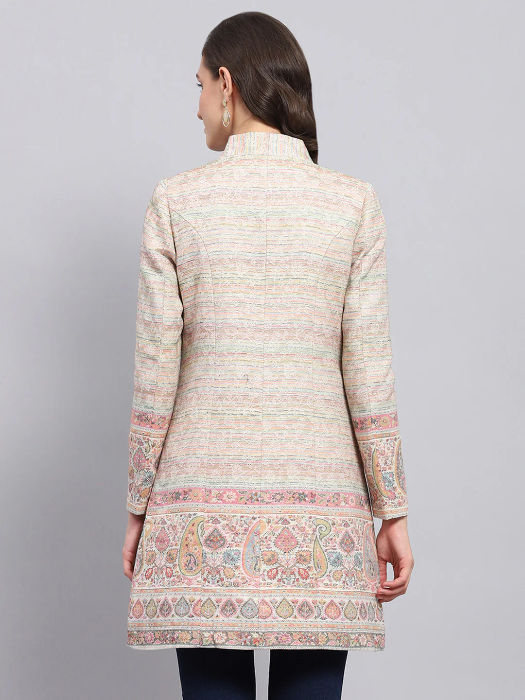 Women Multicolor Woven Design Round Neck Full Sleeve Coat - Image 5