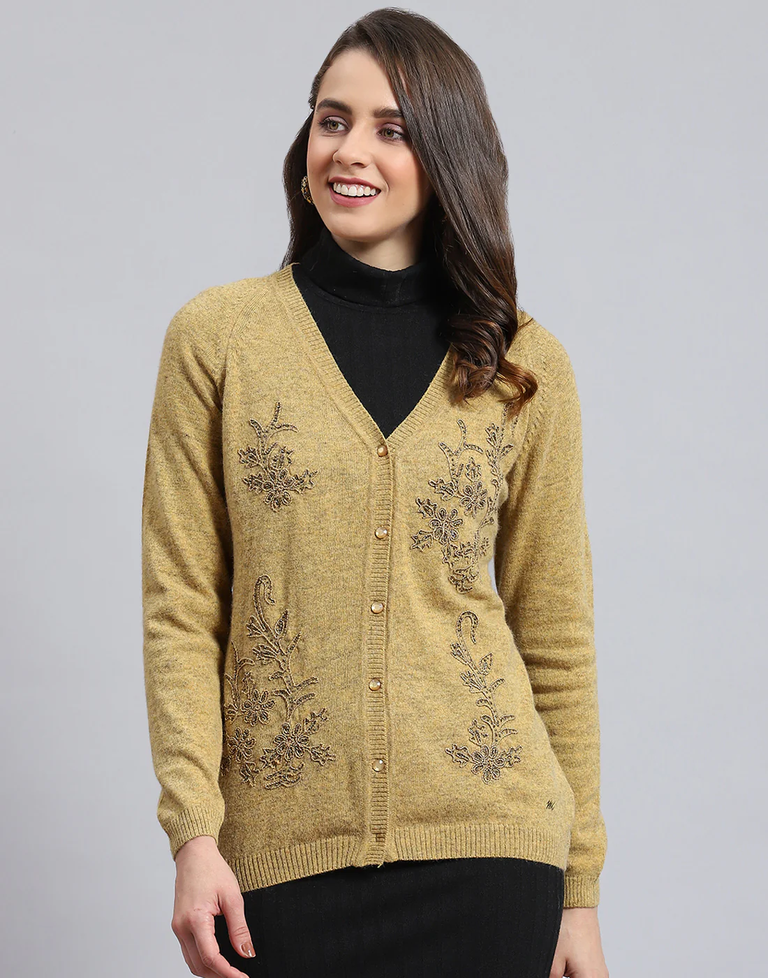 Women Mustard Embellished V Neck Full Sleeve Cardigan - Image 2