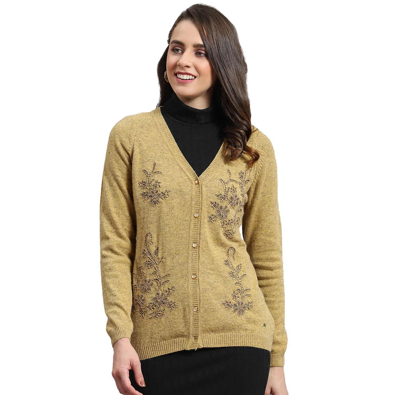 Women Mustard Embellished V Neck Full Sleeve Cardigan - Image 5