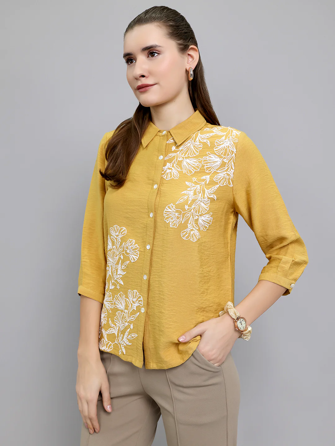 Women Mustard Embroidered Collar 3/4th Sleeve Top - Image 2