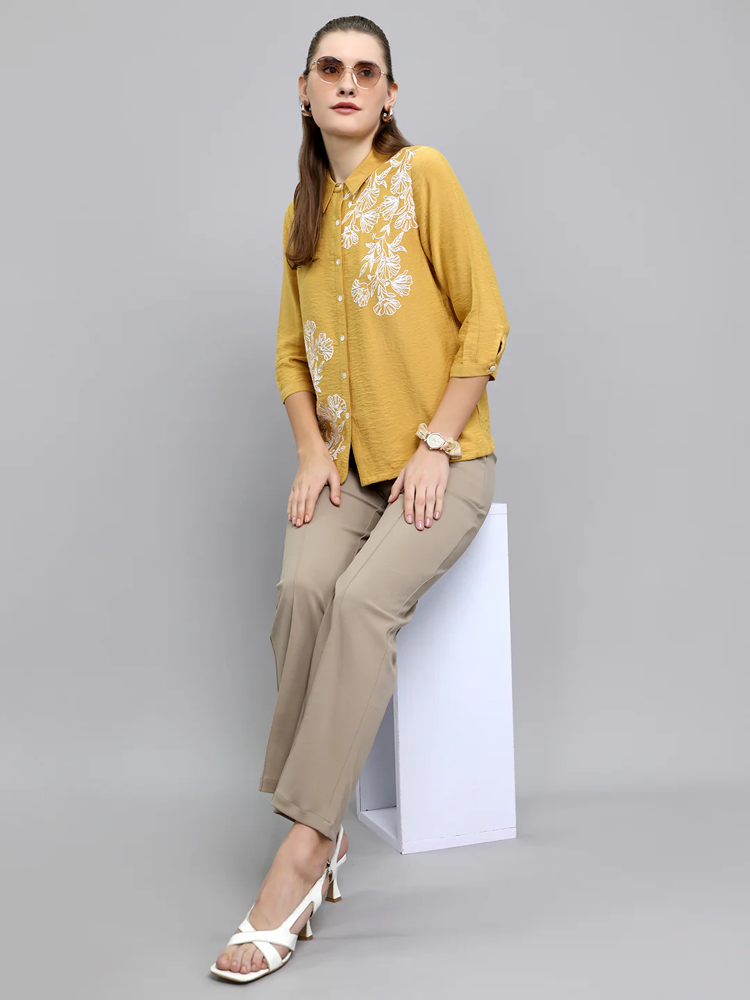 Women Mustard Embroidered Collar 3/4th Sleeve Top - Image 6