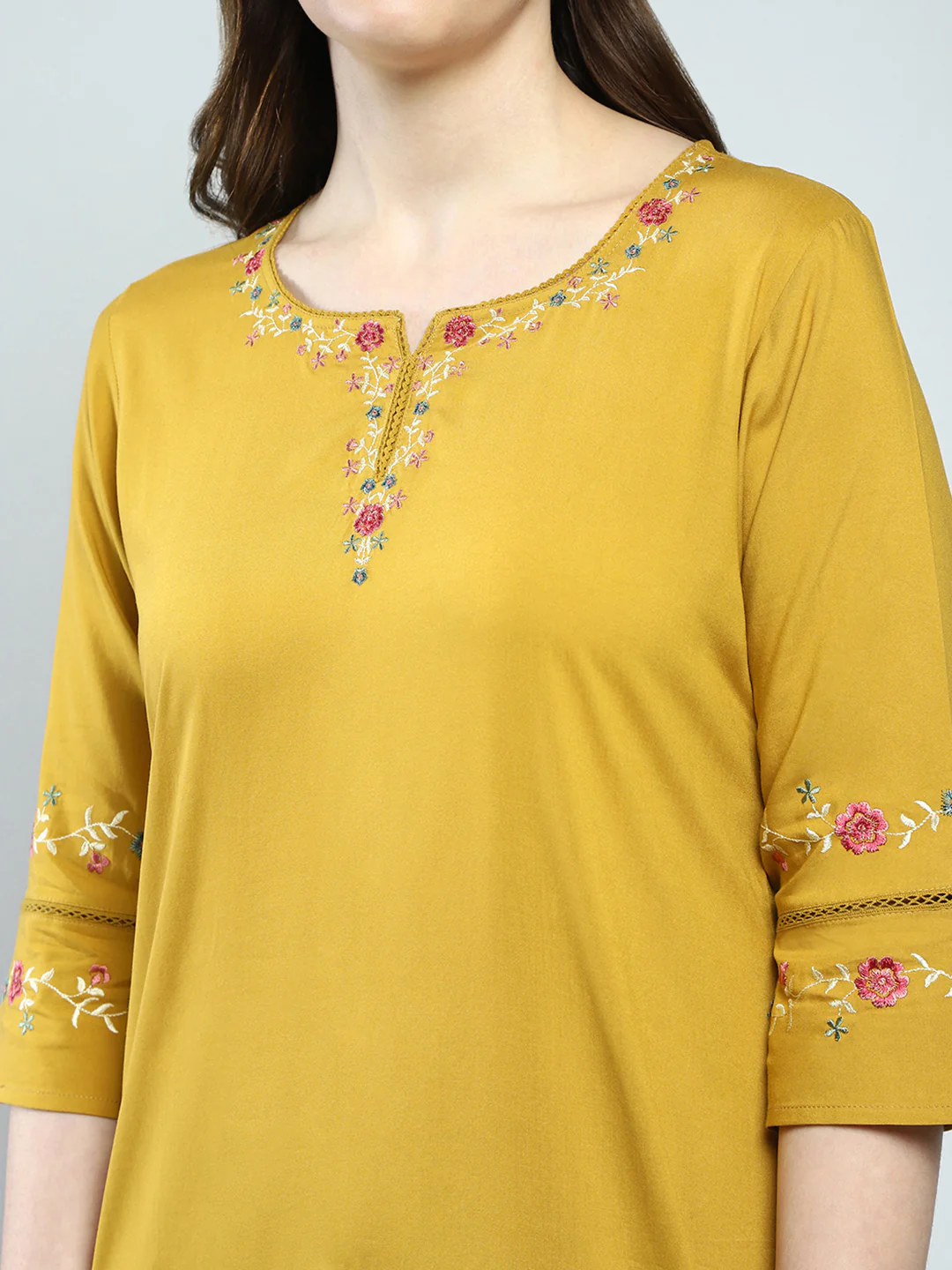 Women Mustard Embroidered Round Neck 3/4th Sleeve Top - Image 6