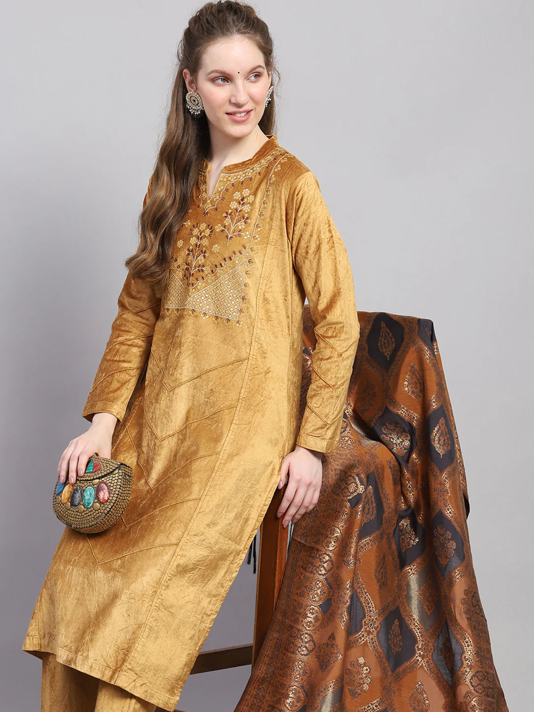 Women Mustard Embroidered Round Neck Full Sleeve Kurti Set with Stole - Image 6